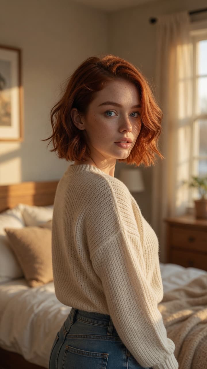 Redhead over-shoulder bedroom glance