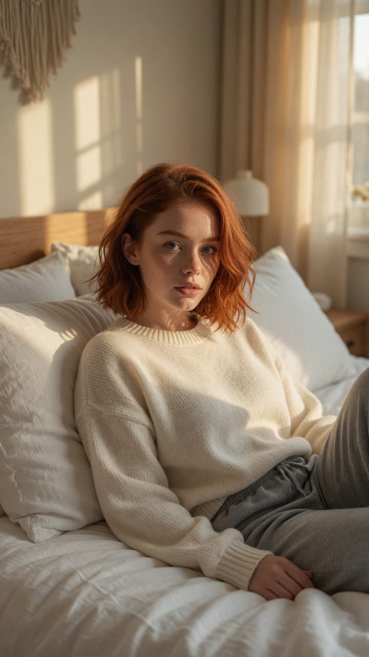 Redhead lounging in morning bedroom light