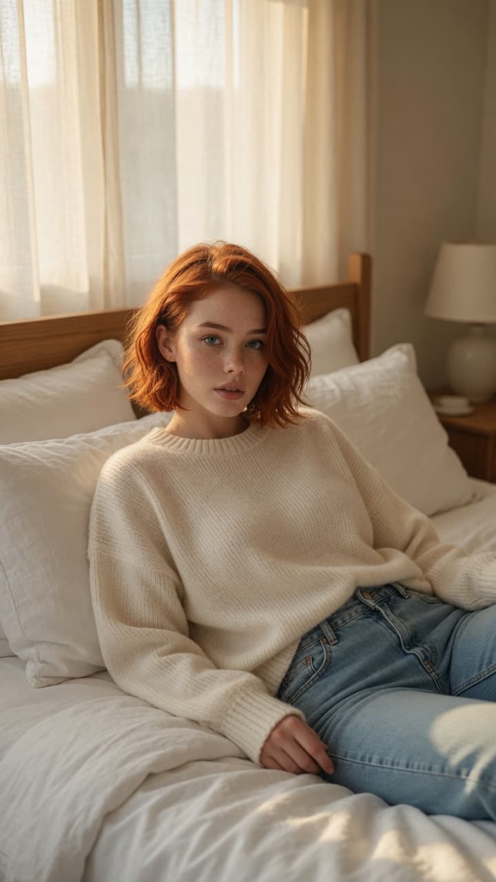 Redhead in cream sweater on bed