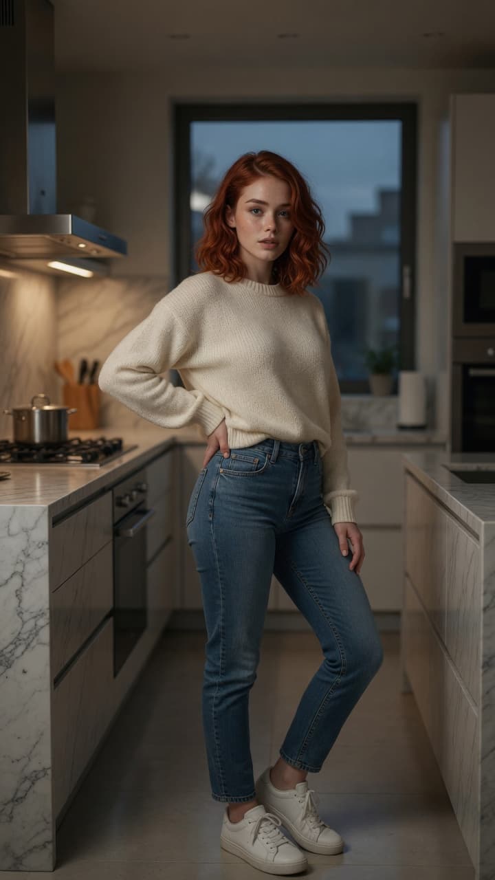 Redhead casual pose in kitchen