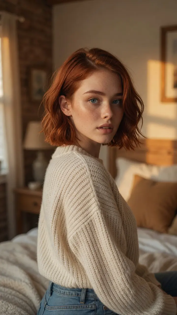 College redhead morning bedroom glance