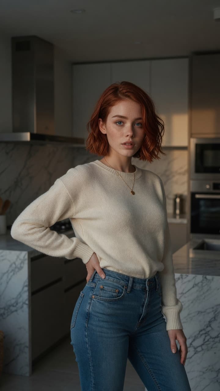 Redhead hip-cocked kitchen pose