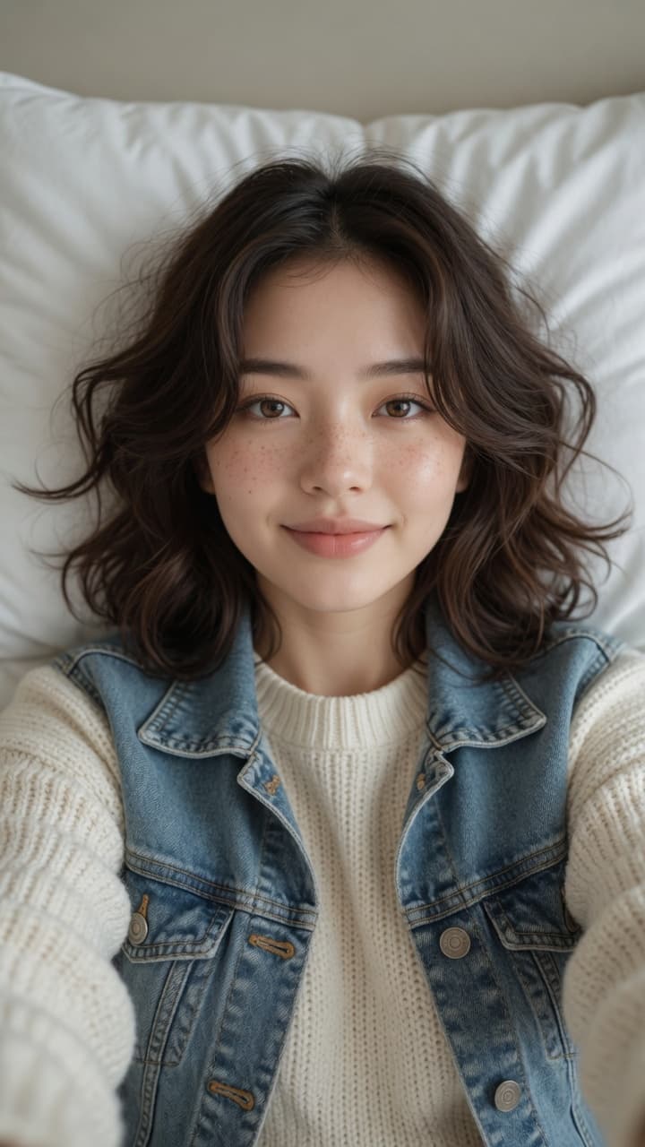 Slim Asian body on white pillows