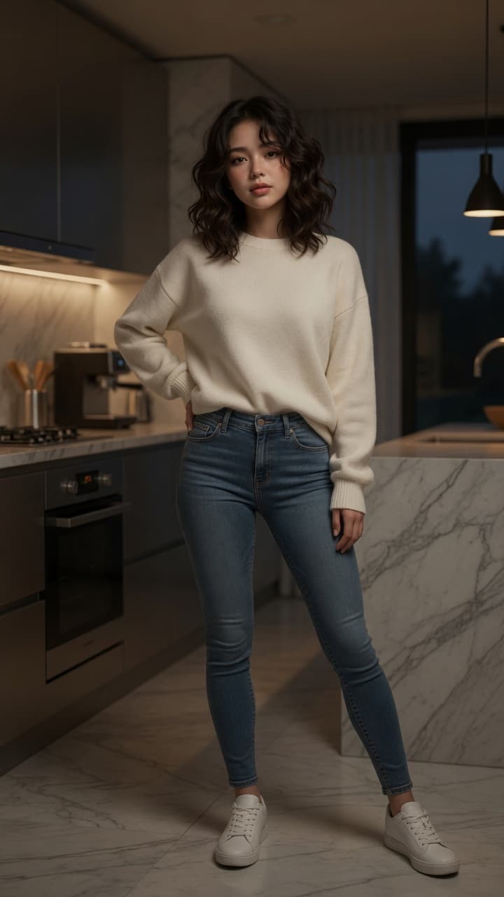 Kitchen full body in cream sweater