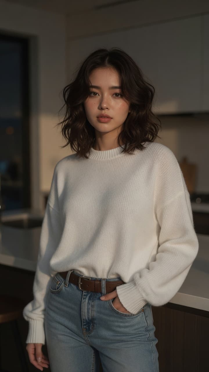 College age Asian in kitchen jeans