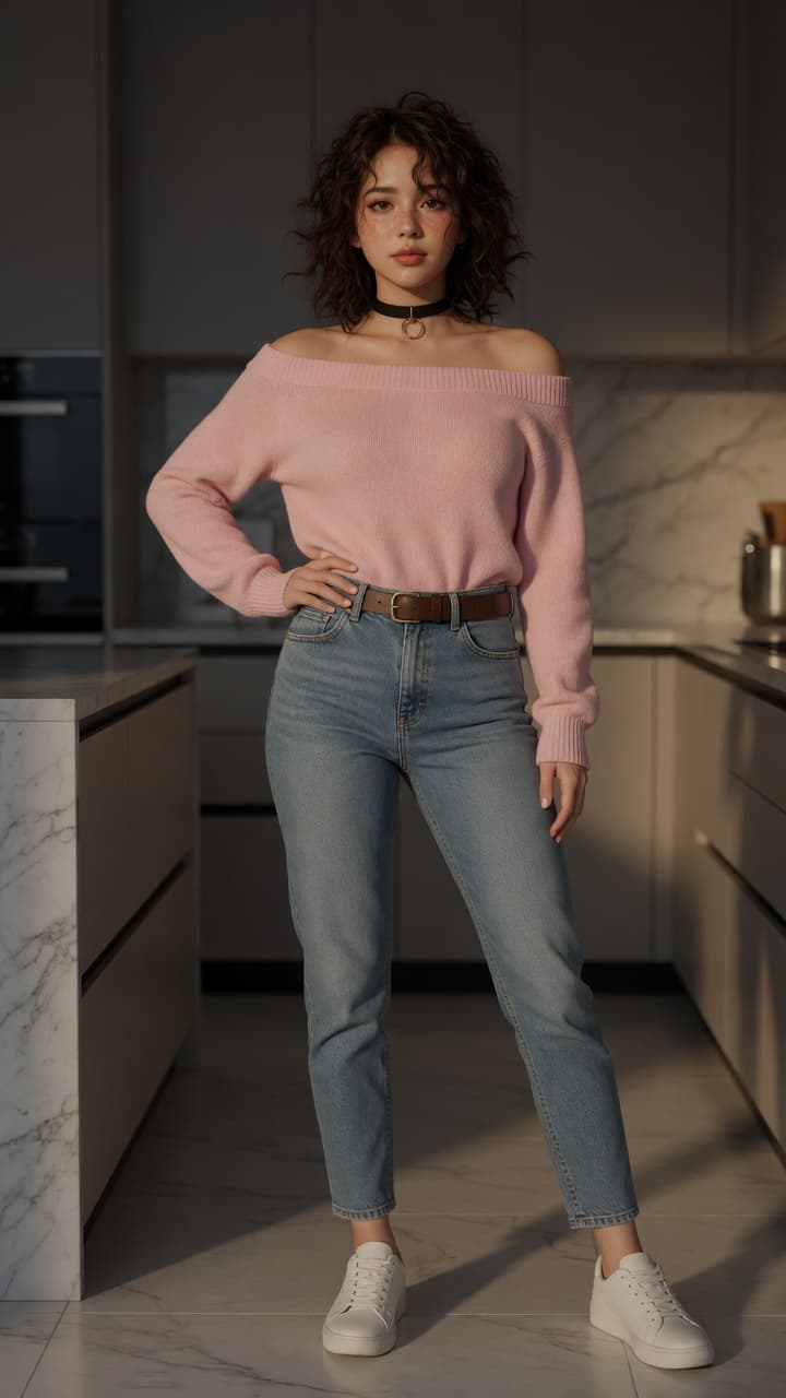 Asian in pink sweater kitchen