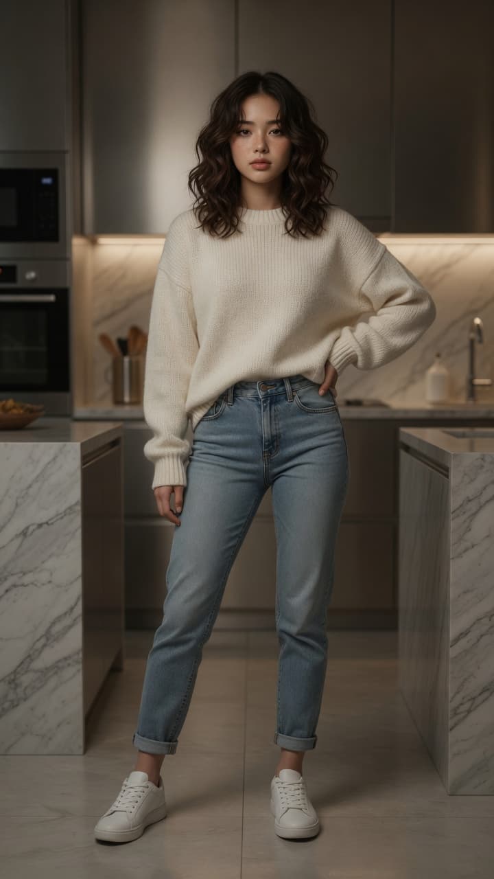 Asian in kitchen sweater jeans
