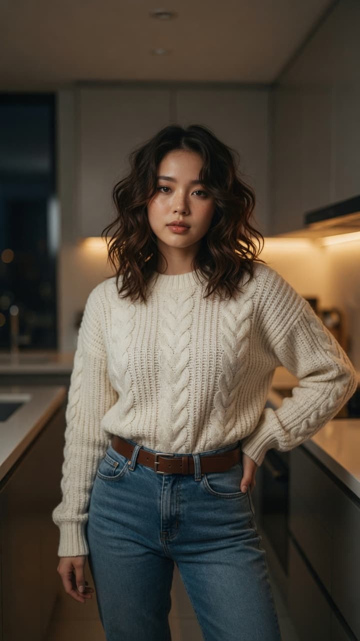 Asian in kitchen sweater jeans