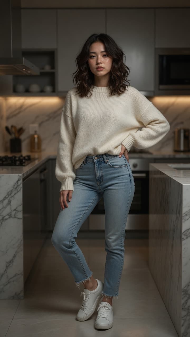 Asian in kitchen sweater jeans