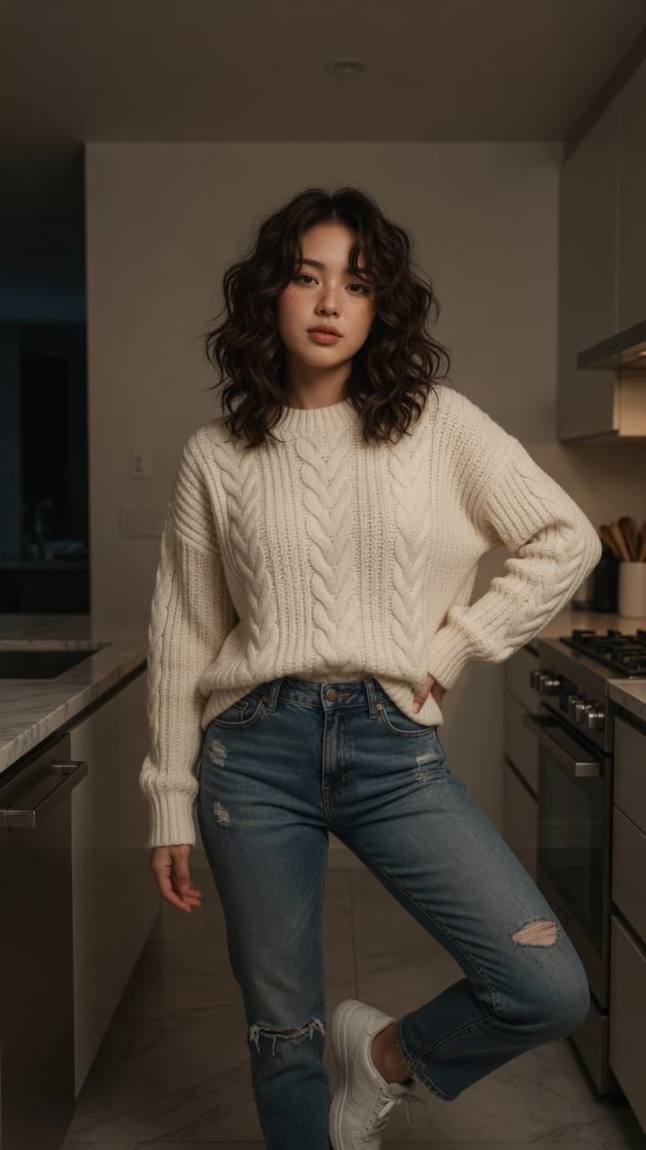 Asian in kitchen sweater jeans