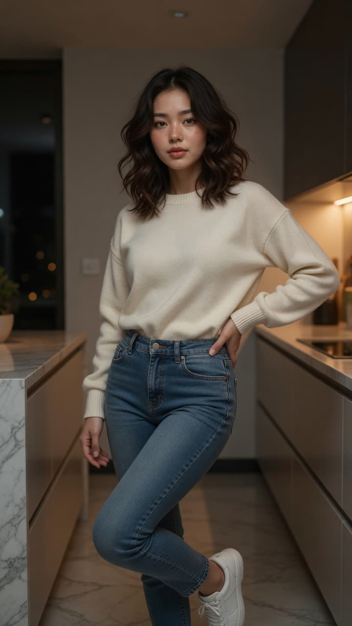Asian in kitchen sweater jeans
