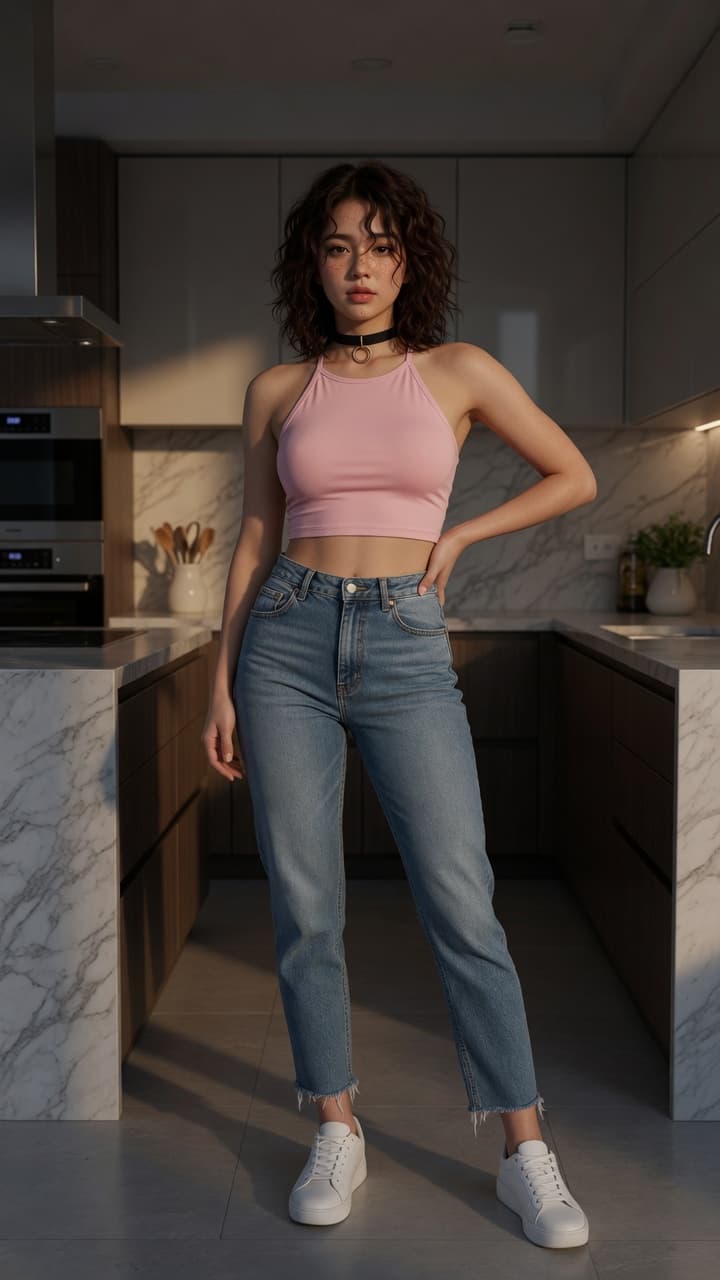 Slim Asian body in kitchen