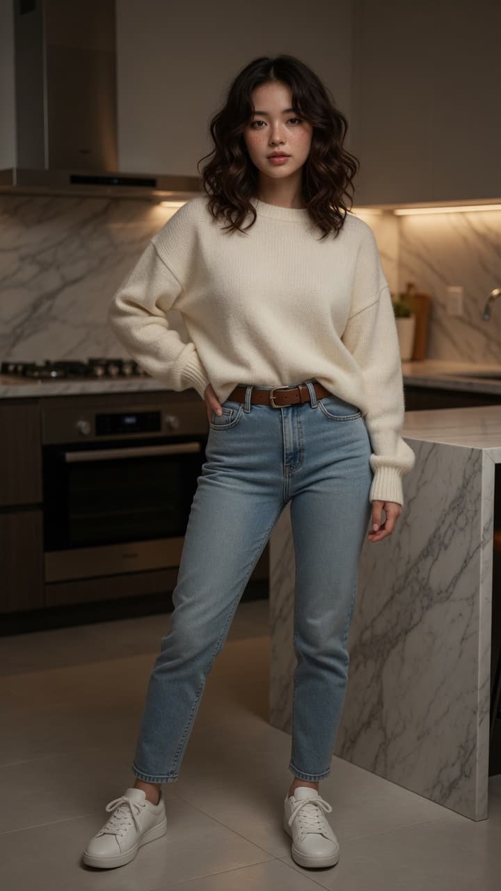 Brunette Asian in kitchen sweater
