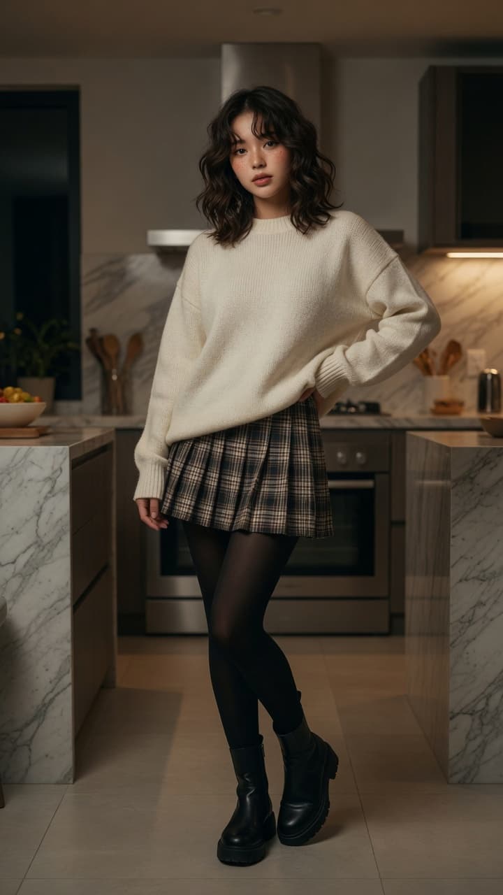 Asian in sweater and plaid skirt
