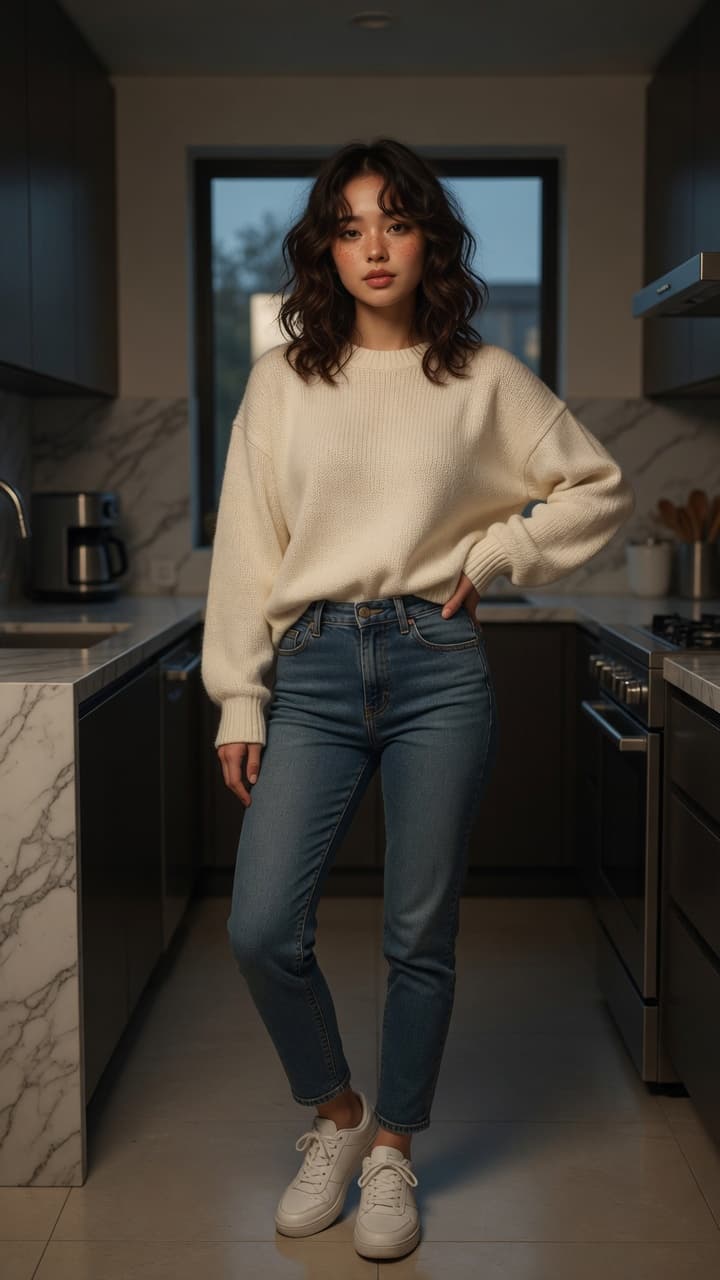 Asian in kitchen sweater jeans