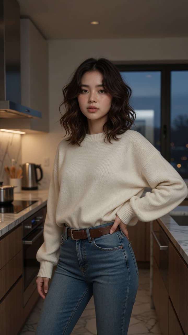 Asian in kitchen sweater jeans