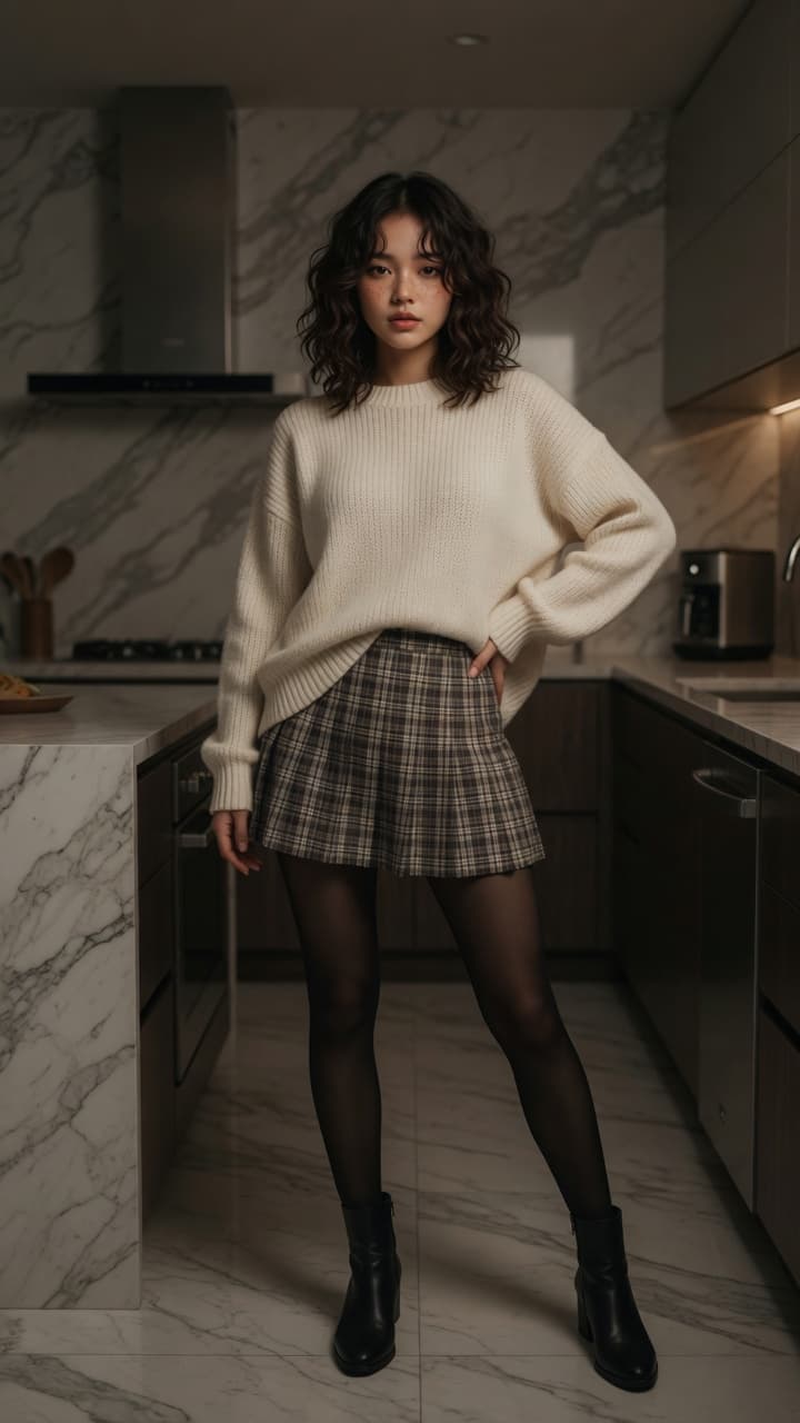 Slim Asian hips in plaid skirt