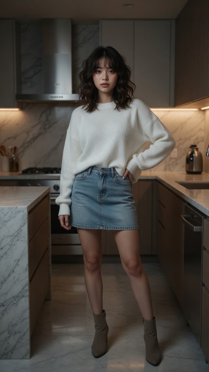 Wavy brunette in kitchen pose
