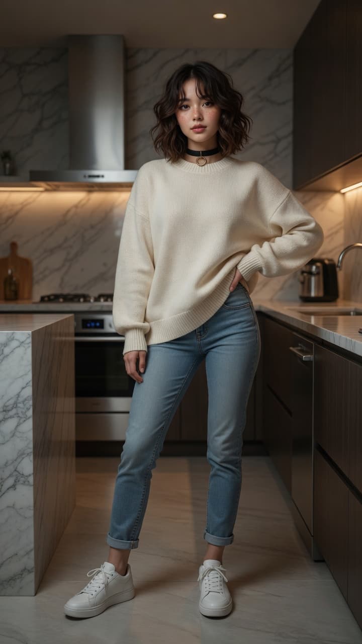 Asian in kitchen sweater pose