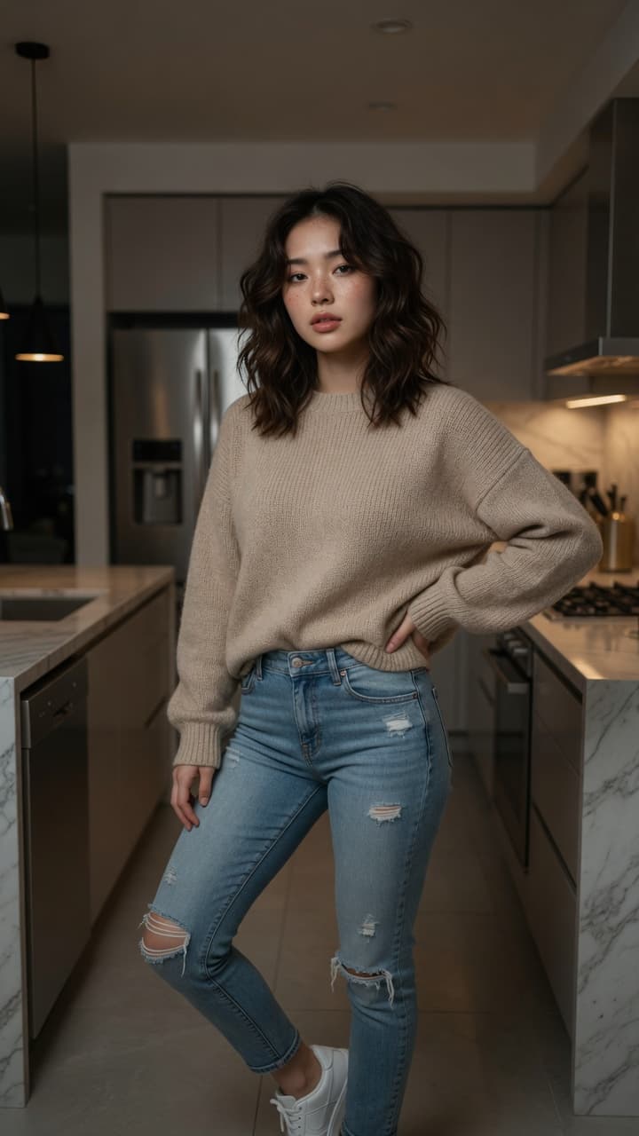 Brunette wavy hair kitchen pose