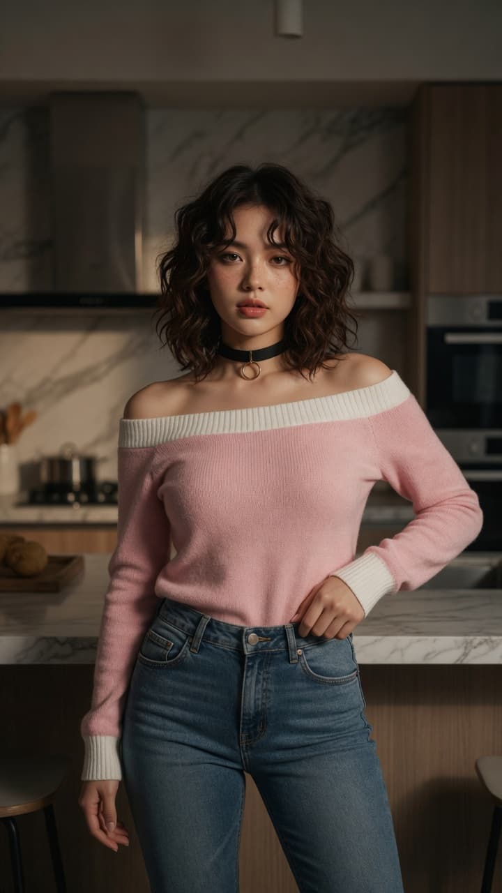Slim Asian curves in kitchen sweater