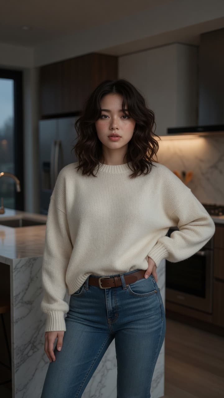 Slim Asian jeans kitchen pose