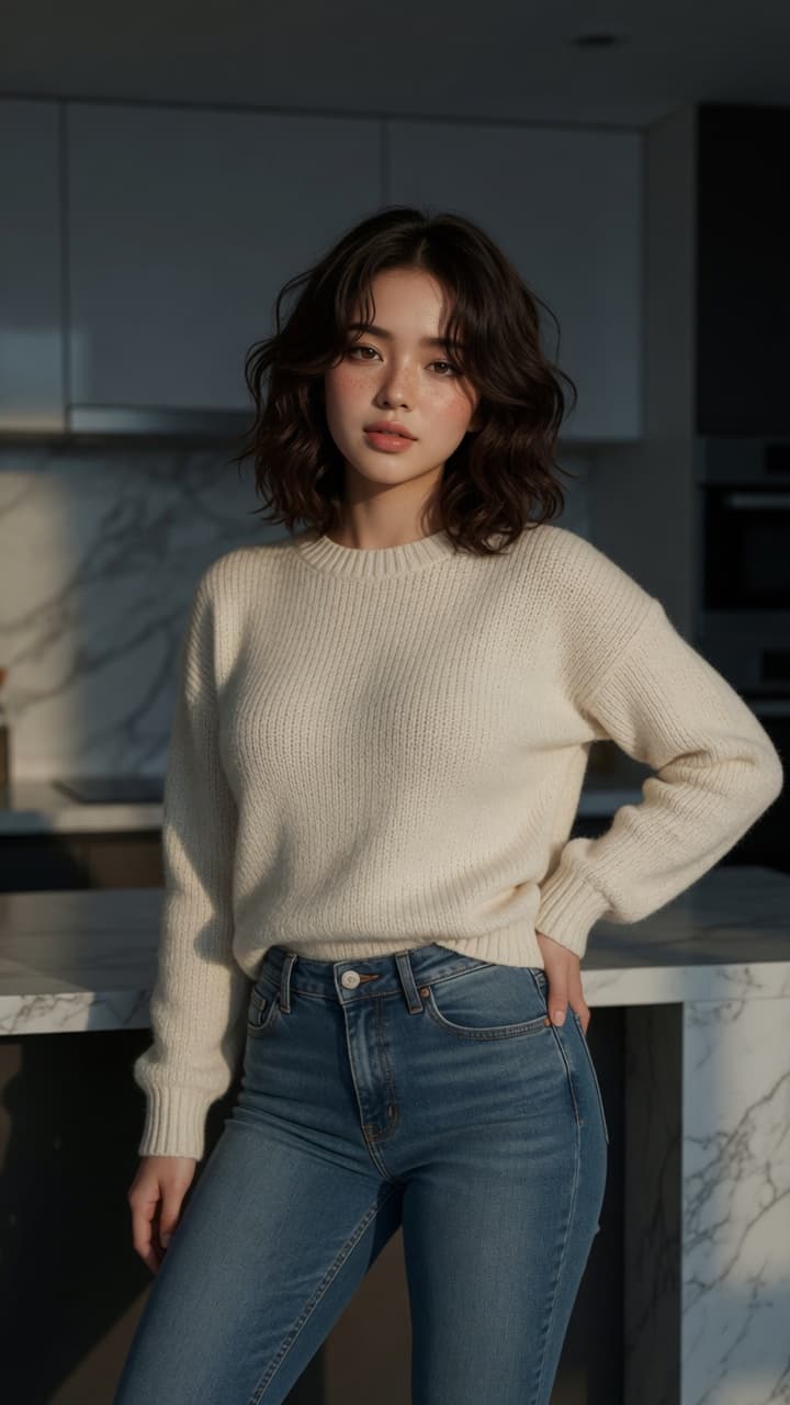 Asian in kitchen sweater jeans