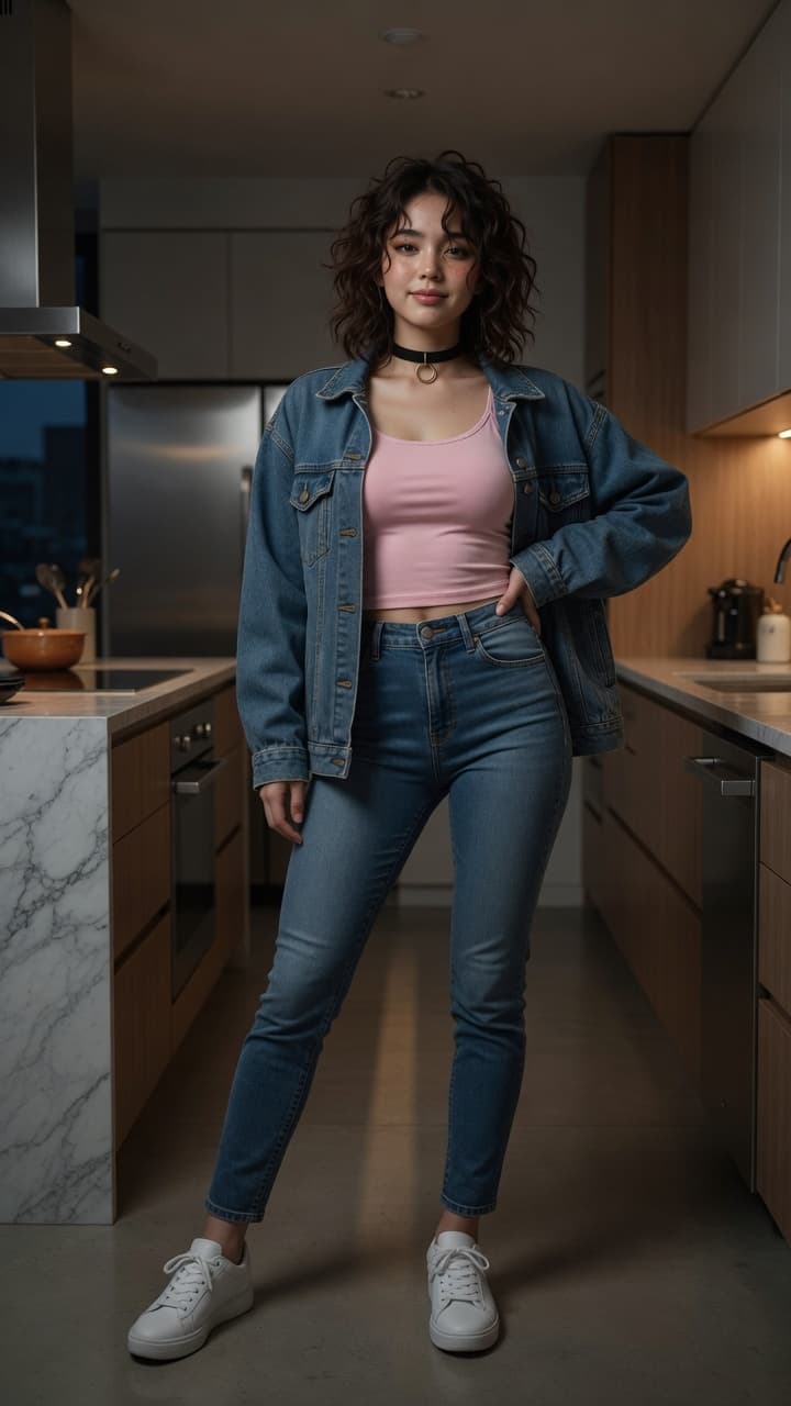 Slim brunette kitchen denim pose