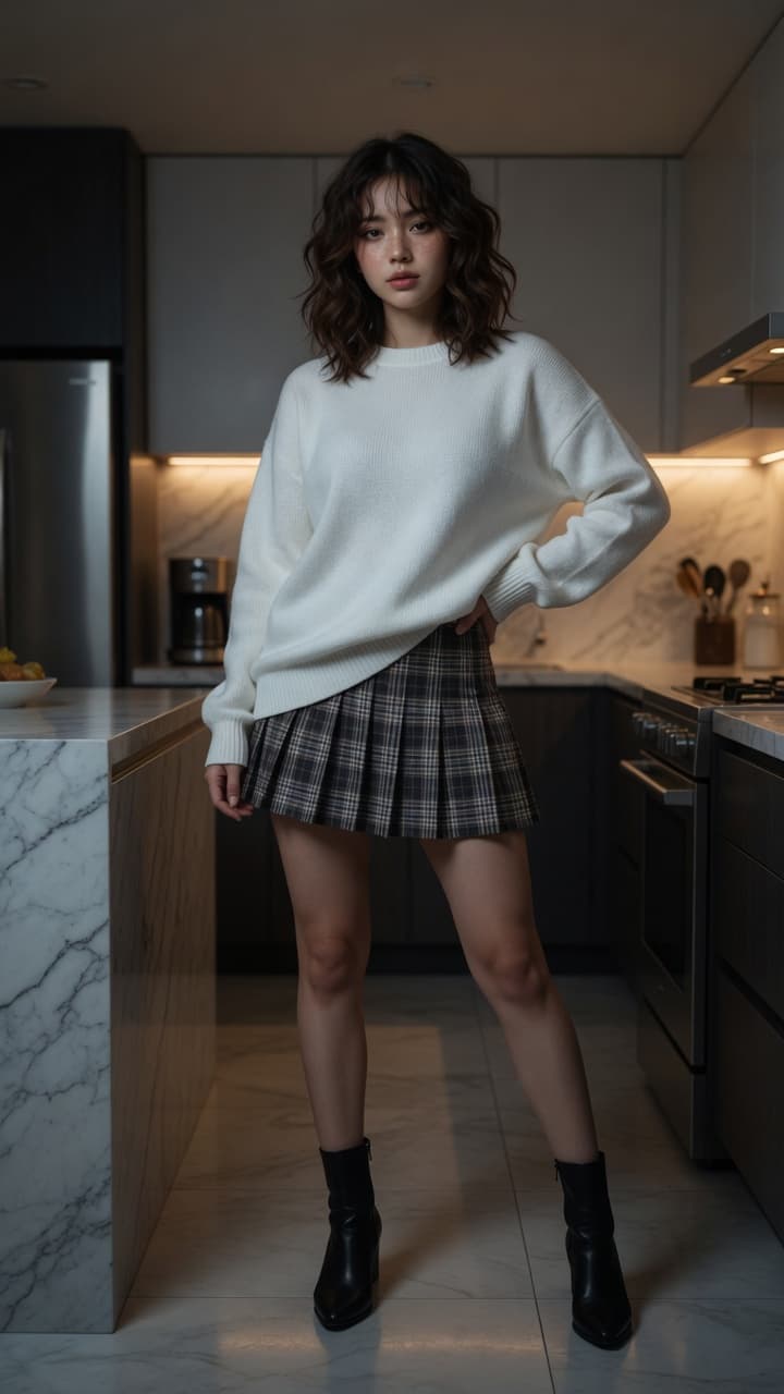 Slim Asian thighs in kitchen