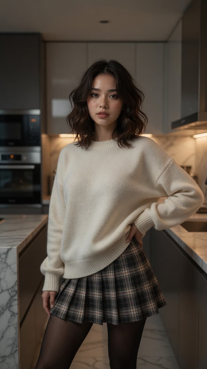 Asian in kitchen sweater skirt