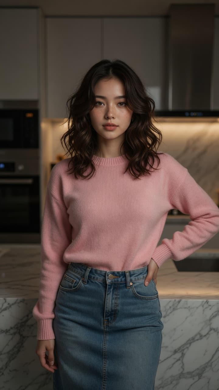 Brunette wavy hair kitchen pose