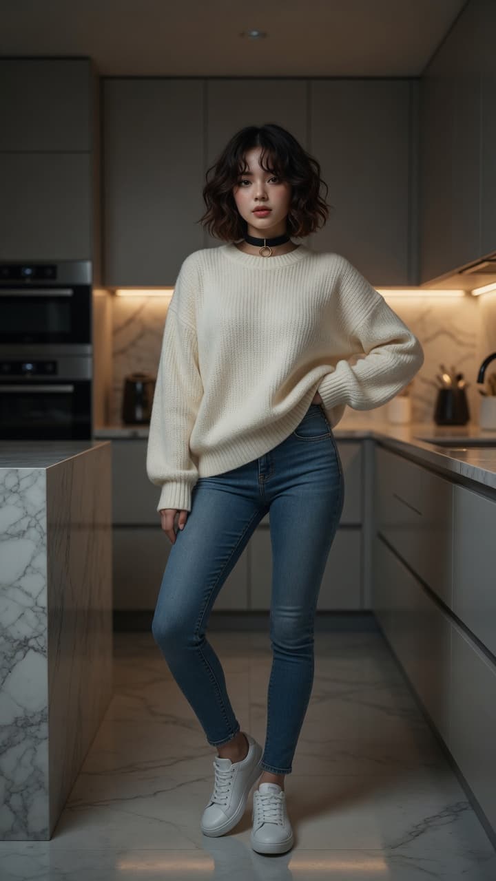 Slim Asian curves in kitchen jeans
