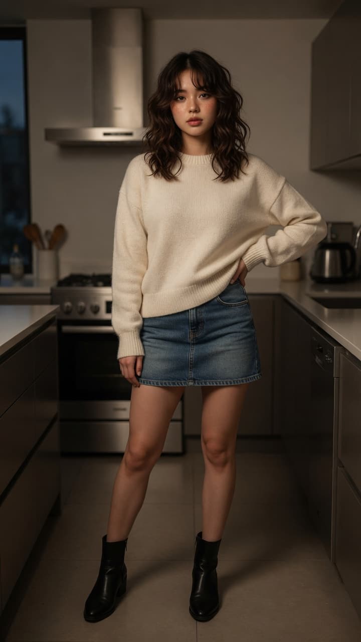 Brunette in kitchen denim skirt