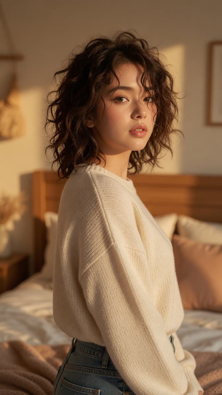 Wavy brunette over shoulder glance