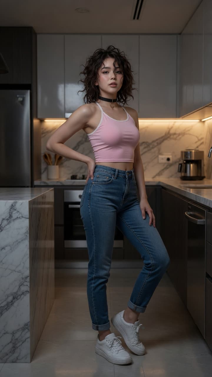 Slim Asian body in pink crop top