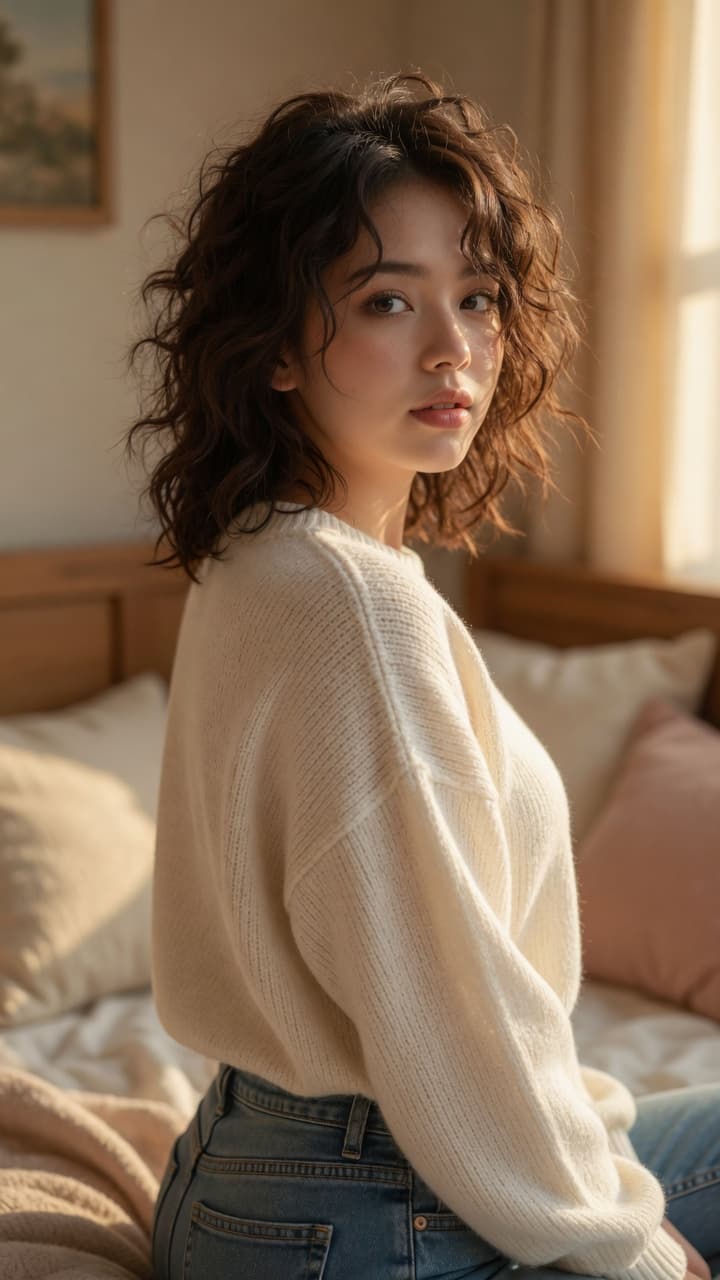 Aoi Golden Hour Bedroom Glance Back