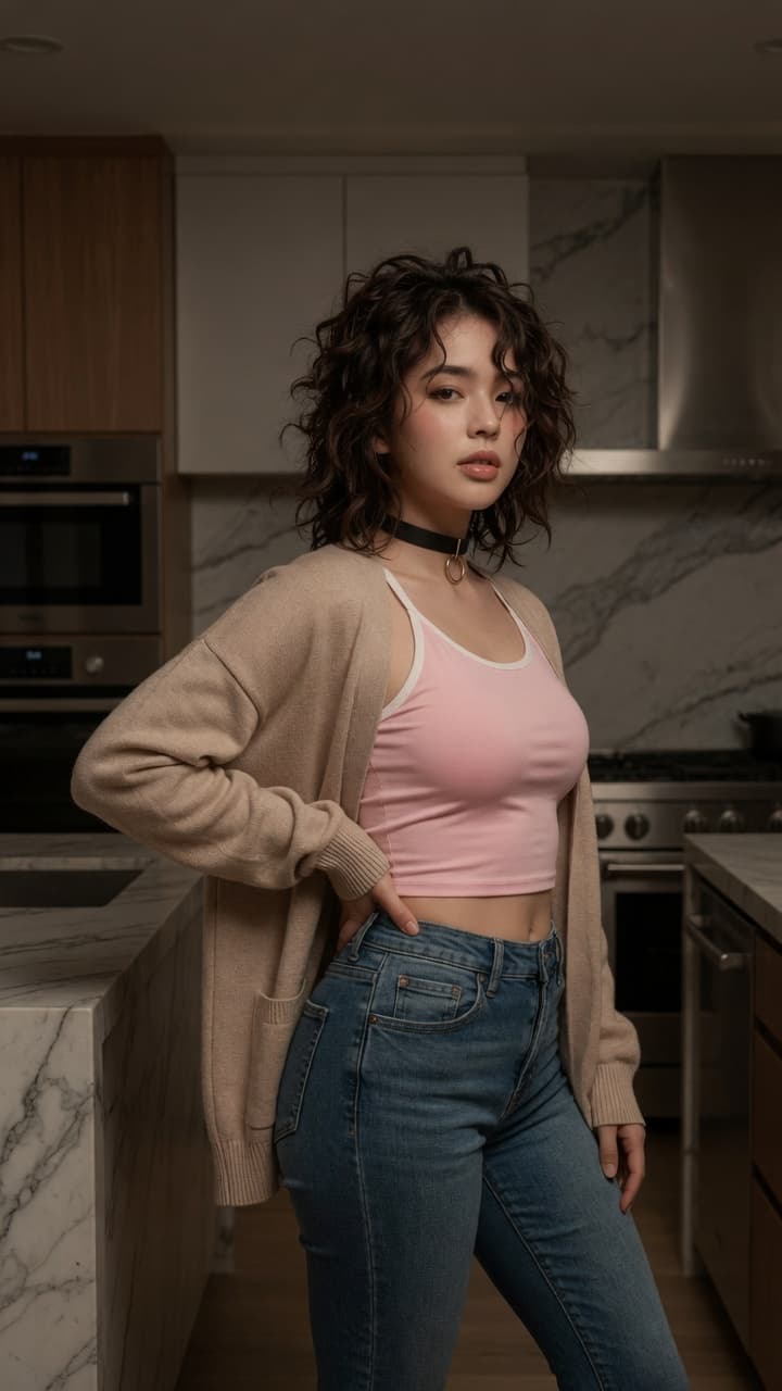 Young adult slim Asian kitchen pose