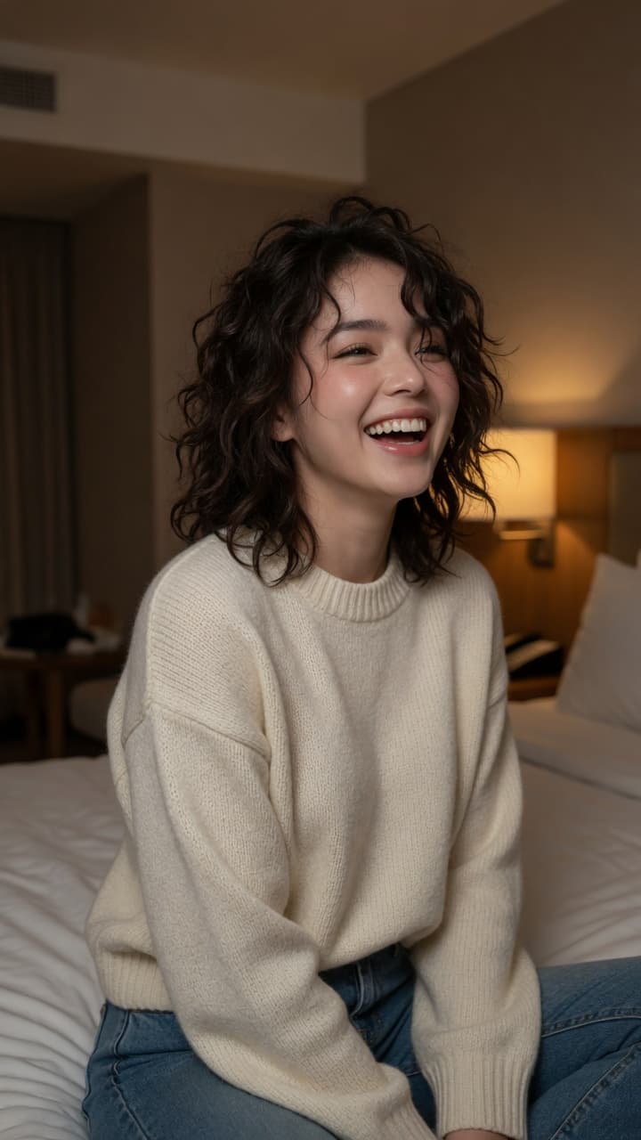 Candid laugh on hotel bed