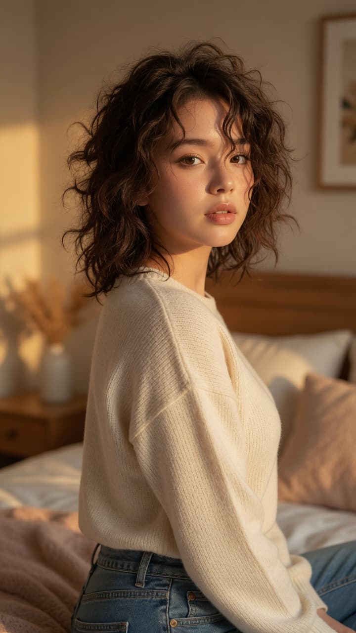 Early 20s brunette over-shoulder bedroom glance