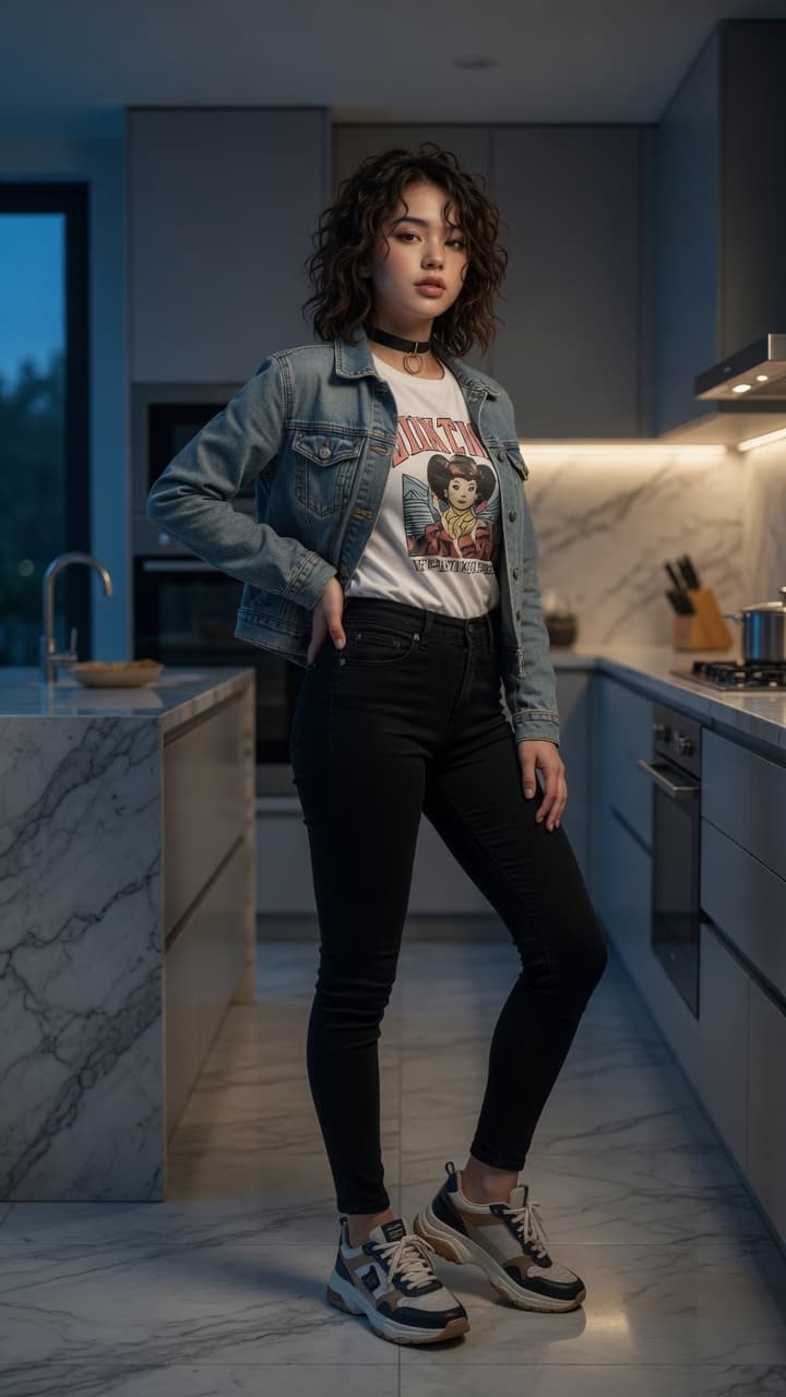 Slim Asian in kitchen denim
