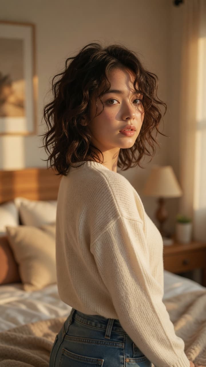 Wavy brunette bedroom glance back
