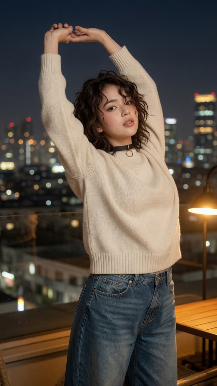 Rooftop stretch city lights