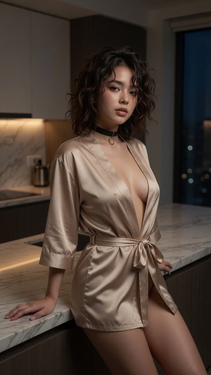 Silk robe kitchen tease