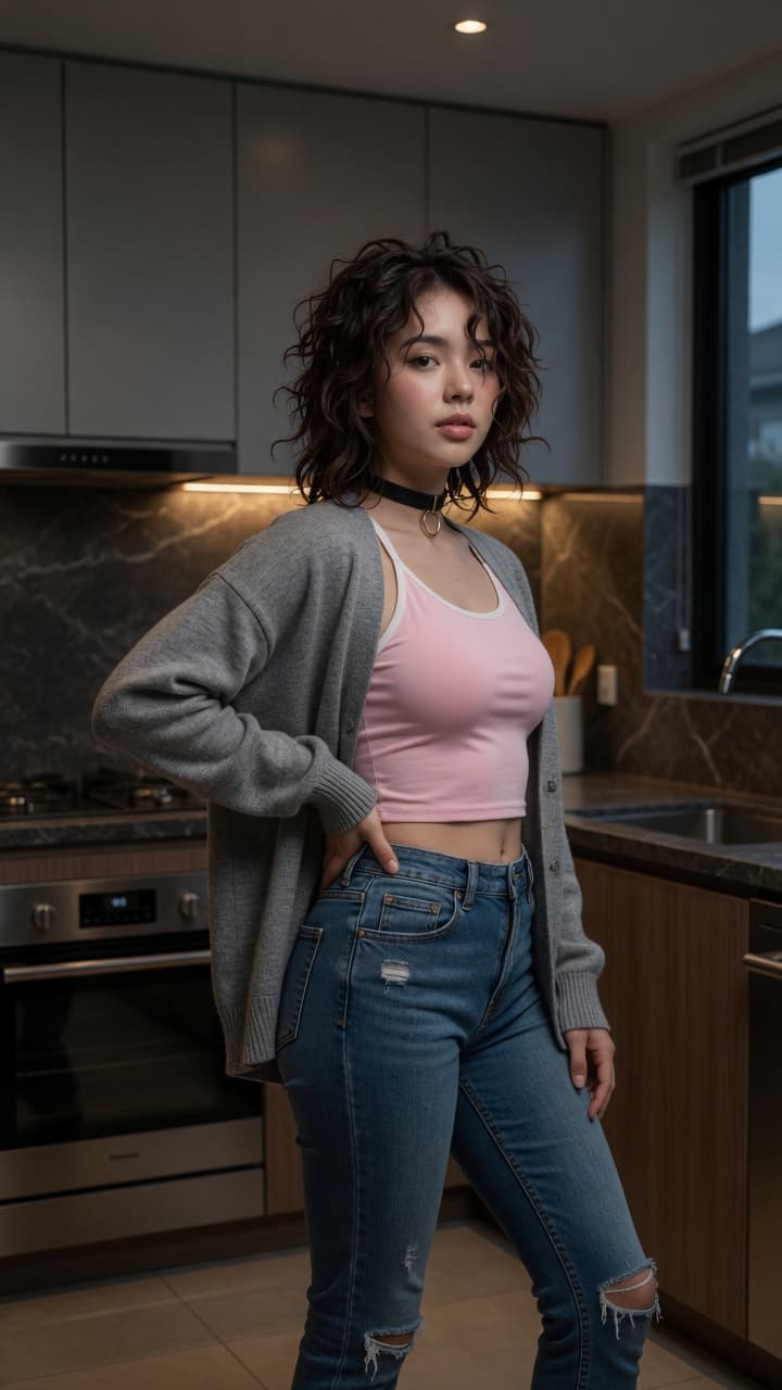 Confident brunette kitchen hip-cock pose