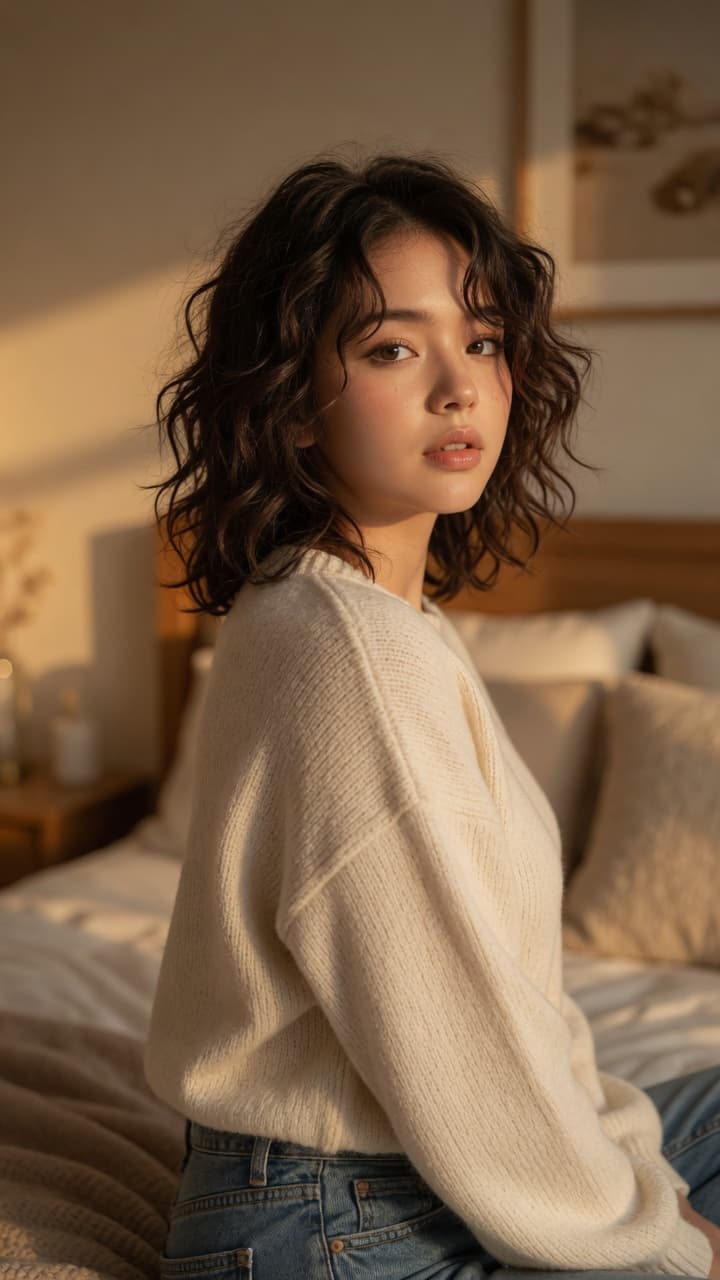 Slim Asian curves in cream sweater