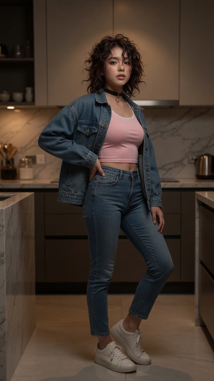 Young adult in kitchen denim