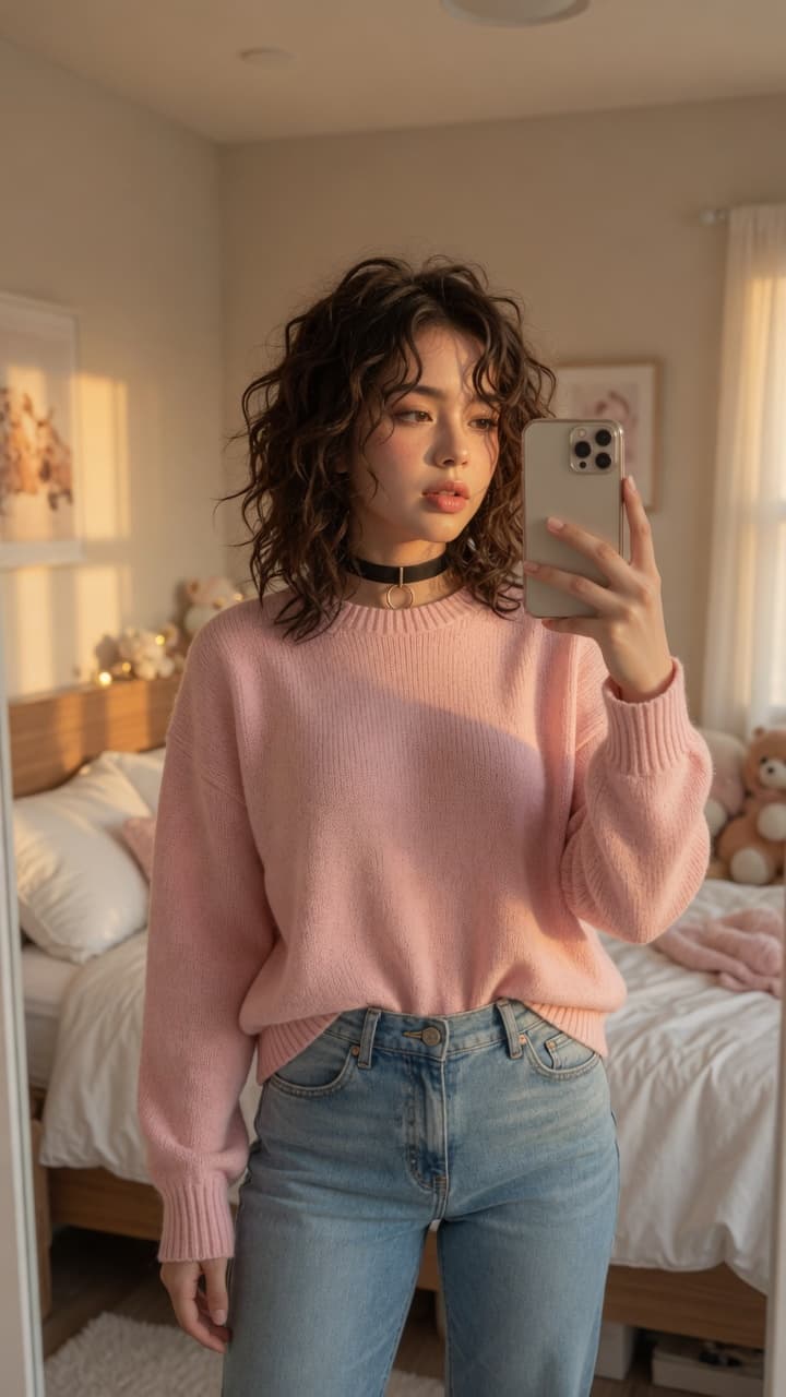 Young adult mirror selfie bedroom
