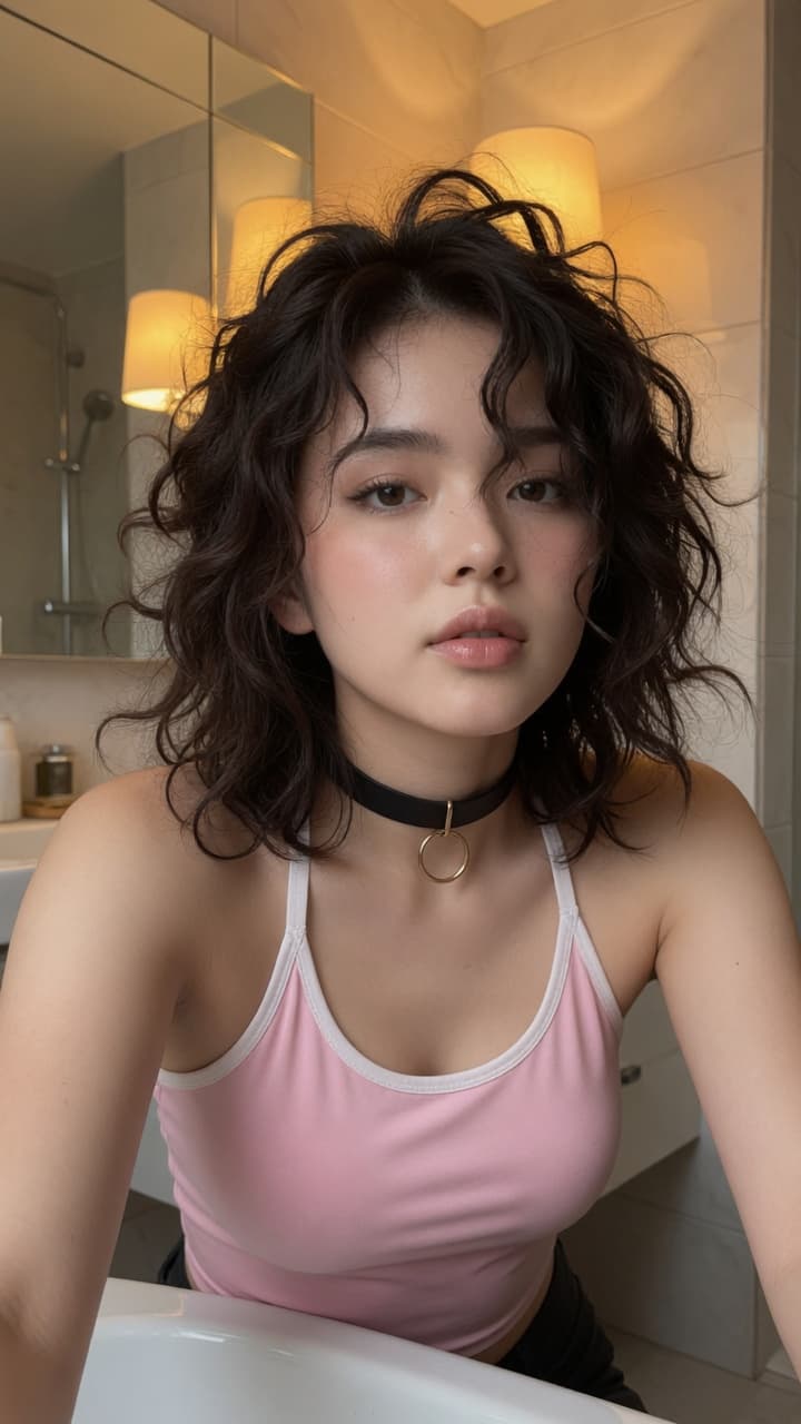 Bathroom mirror tank top lean