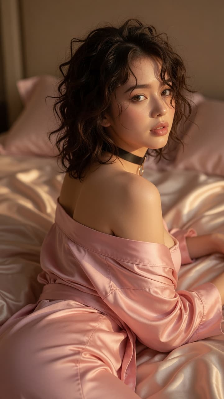Pink satin robe bedroom tease