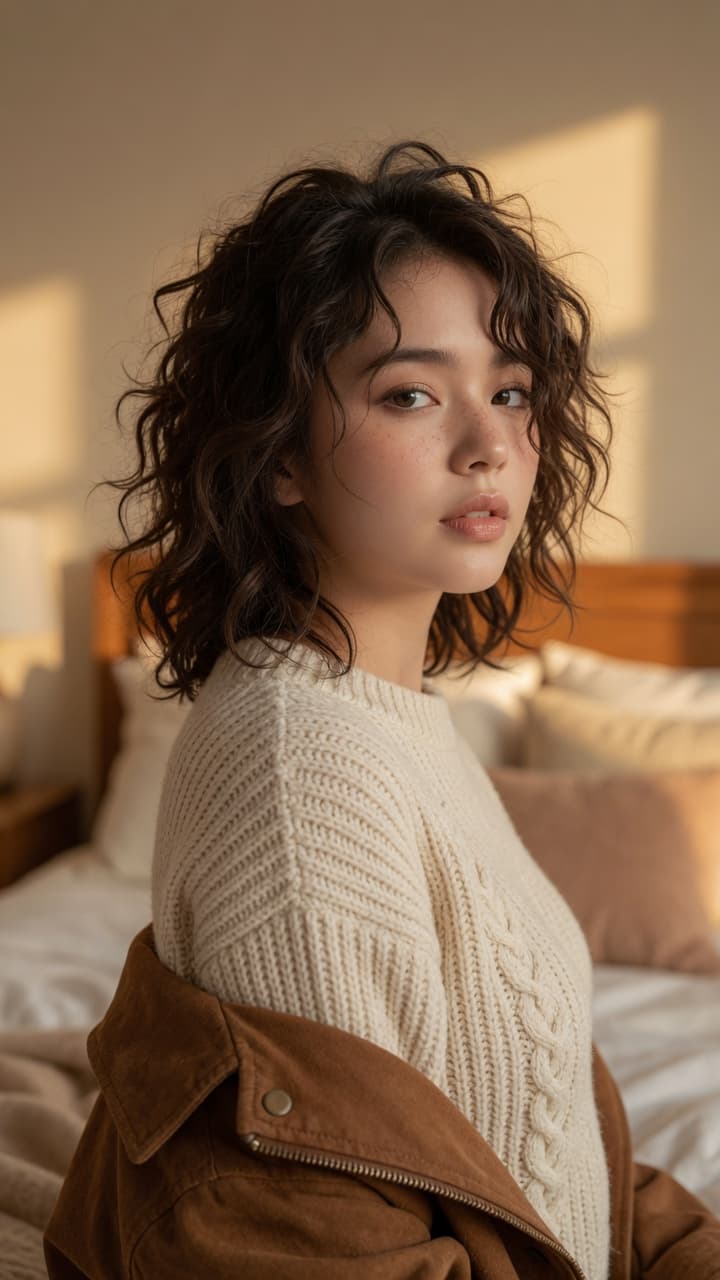 Cozy bedroom sweater over-shoulder glance